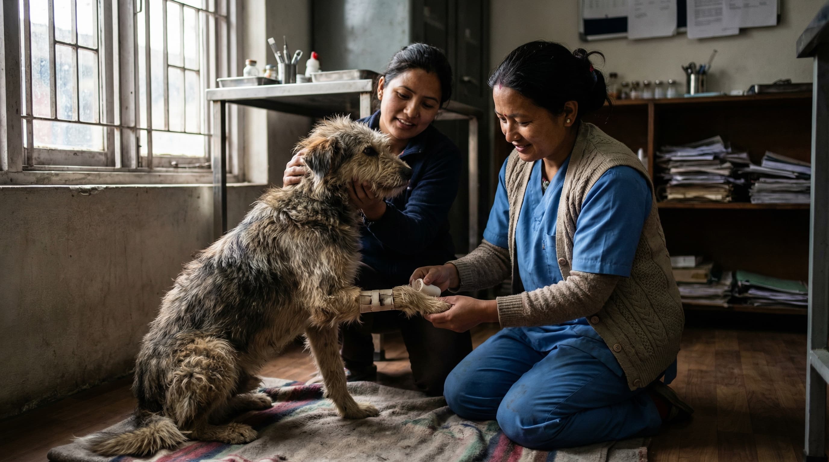 Veterinary treating a dog